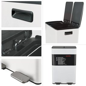 Matne biely oceľový odpadkový kôš 2x30 l na triedený odpad/nášľapný Aliya – Spirella