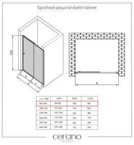 Cerano Varone, sprchovací kút s posuvnými dverami 90 (dvere) x 70 (stena) x 195 cm, 6mm šedé sklo, čierny profil, CER-CER-429550