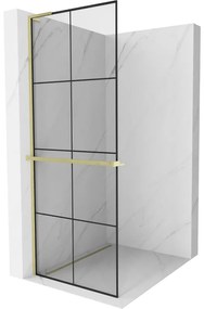 Mexen Kioto+ L, sprchová zástena Walk-In s poličkou a vešiakom 90 x 200 cm, 8mm číre sklo čierny vzor, zlatý matný profil, 800-090-123-55-77