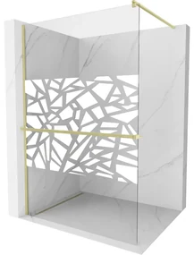 Mexen Kioto+, sprchová zástena Walk-In s poličkou a vešiakom 110 x 200 cm, 8mm číre sklo biely vzor, zlatý matný profil, 800-110-121-55-85