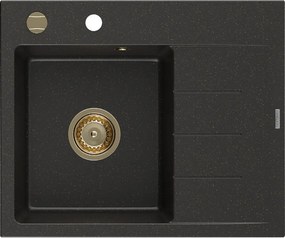 Mexen Ben, 1-komorový granitový drez 600x500x190 mm, ľavý + zlatý sifón, čierna-zlatá metalíza, 6522605000-75-G