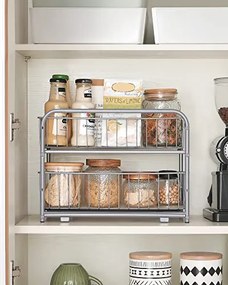 Organizér do kuchyne, 2 výsuvné košíky, stohovateľný, strieborný, 31,5x21x36,5cm