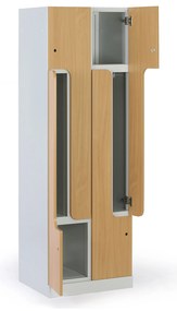 Kovová šatníková skrinka S1 Z, 4 oddiely, 1850 x 600 x 500 mm, mechanický kódový zámok, laminované dvere, orech