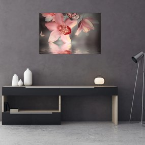 Obraz - Kvety a motýľ (90x60 cm)