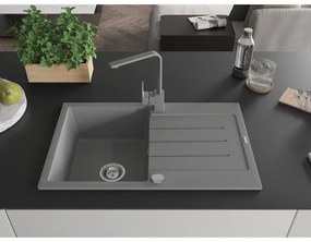 Mexen Bruno, drez granitový 795x495x200 mm, 1-komorový, šedá s chrómovým sifónom a šedá drezová batéria Rita, 6513-71-670300-71