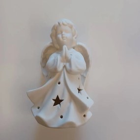 DECOLED Keramický andílek modlící se, 9,3 x 7,6 x 14,9 cm, teple bílá, 2xLR44