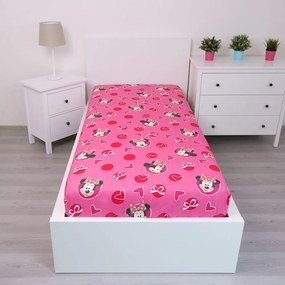Ružová napínacia bavlnená detská plachta 90x200 cm Minnie "Hearts" – Jerry Fabrics