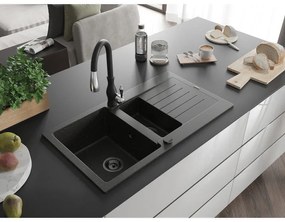 Mexen Matias, 1,5-komorový granitový drez 900x505x200 mm a drezová batéria Savita, čierna-zlatá metalíza, 6502-75-672601-70-B