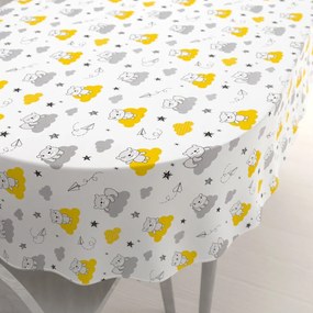 Biante Detský bavlnený oválny obrus Sandra SA-725 Medvedíky na žlto-sivých mráčikoch na bielom 140x160 cm