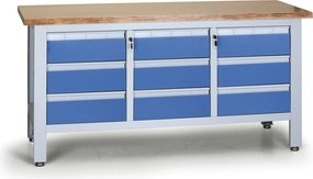 Pracovný stôl do dielne EXPERT, 9 zásuviek, 1690 x 600 x 860 - 900 mm, modrá