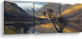 Obraz - Hory pri jazere (s hodinami) (90x30 cm)