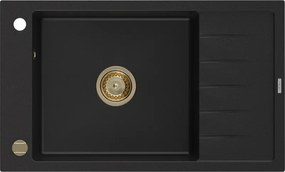 Mexen Elias, granitový drez granitový 795x480x200 mm, 1-komorový, čierna so zlatým sifónom, 6511791005-77-G