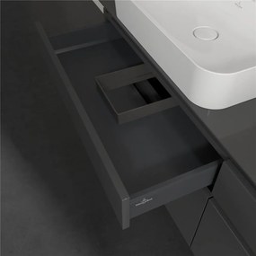 VILLEROY &amp; BOCH Legato závesná skrinka pod dve umývadlá na dosku, 4 zásuvky, s LED osvetlením, 1600 x 500 x 550 mm, Glossy Grey, B768L0FP