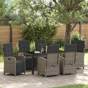 vidaXL 7-dielny záhradný jedálenský set so sivými vankúšmi z poly ratanu