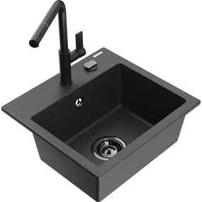Mexen Milo, 1-komorový granitový drez 435x410x171 mm a drezová batéria Flora, čierna škvrnitá, 6505-76-670401-70-B