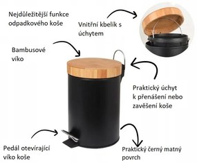 Odpadkový kôš do kúpeľne s bambusovým krytom 3l - čierny