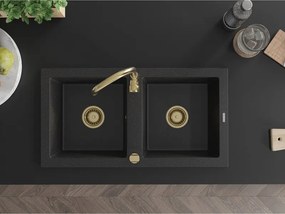 Mexen Mario, granitový drez 820x436x161 mm, 2-komorový, čierna-strieborná metalíza so zlatým sifónom, 6504822000-73-G