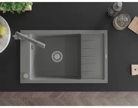 Mexen Elias, 1-komorový granitový drez s odkvapkávačom 795x480x200 mm a šedá batéria Duero, šedá, 6511-71-671600-71