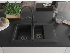 Mexen Gaspar, granitový drez 737x475x177 mm, 1,5-komorový a drezová batéria Duo, čierna, 6507-77-671701-70-B