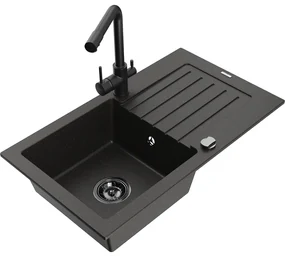 Mexen Pablo, granitový drez 752x436x161 mm, 1-komorový a čierna batéria Duero, čierna - zlatá metalíza, 6510-75-671600-70-B