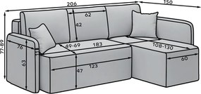 Svetlosivá zamatová rozkladacia/s úložným priestorom rohová pohovka (pravý roh/s leňoškou) Hadson – ELTAP