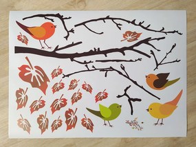 Vetva s vtáčikmi textilní prelepiteľná nálepka na stenu list 45 x 33 cm