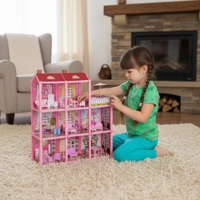 Trojposchodový domček pre bábiky s balkónom – bábika + 22 kusov nábytku