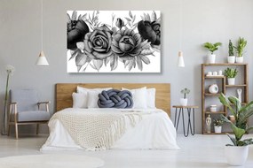 Obraz okúzľujúca kombinácia kvetov a listov v čiernobielom prevedení - 120x80
