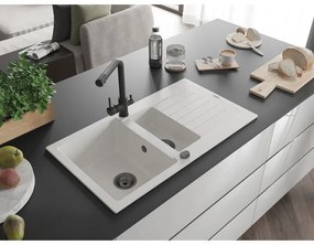 Mexen Matias, granitový drez 900x505x200 mm, 1,5-komorový a čierna batéria Duero, biela, 6502-20-671600-70