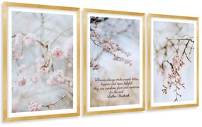 Gario Sada plagátov Kvitnúca višňa - 3 dielna Farba rámu: Zlatá, Veľkosť: 99 x 45 cm