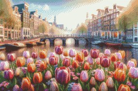 Gario Diamantové maľovanie Tulipány s výhľadom na most Rozmery: 40 x 60 cm, Rámovanie: Iba zrolované plátno, Diamanty: Štvorcové