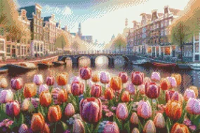 Gario Diamantové maľovanie Tulipány s výhľadom na most Rozmery: 60 x 80 cm, Rámovanie: S vnútorným rámom, Diamanty: Okrúhle