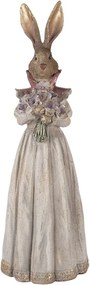 Dekorácia zajačice v šatách kyticou v ruke a zlatou patinou - 18*16*53 cm