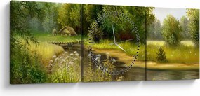 Obraz - Rieka pri lese, olejomaľba (s hodinami) (90x30 cm)