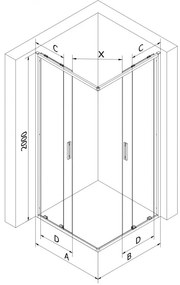 Mexen Exo, posuvný štvorcový sprchový kút 90 x 90 cm, číre sklo, zlatá, 8111-090-090-50-00
