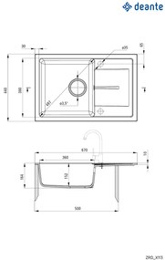 Deante Leda, granitový drez na dosku 670x440x164 mm Z/O, 3,5" + sifón, 1-komorový, piesková, ZRD_7113