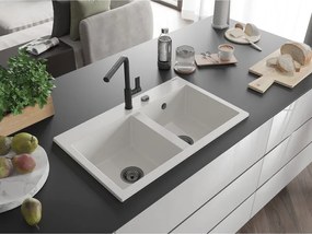 Mexen Hektor, 2-komorový granitový drez 800x480x205 mm, biela, grafitový sifón, 6521802000-20-B