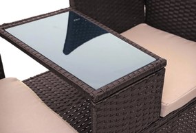 Záhradná lavica so stolíkom E24 - umelý ratan, 132cm - Hnedá, sedáky krémová