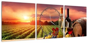 Obraz vinice s vínom (s hodinami) (90x30 cm)