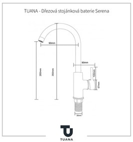 Tuana Serena, drezová stojanková batéria s otočným ramenom h-350, čierna matná, CER-TU-428368