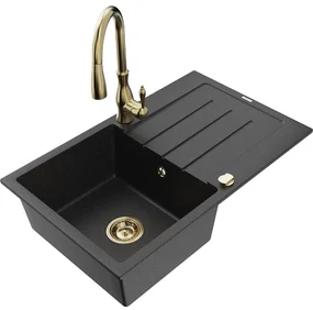 Mexen Bruno, 1-komorový granitový drez 795x495x200 mm a drezová batéria Savita, čierna-strieborná metalíza, 6513-73-672601-50