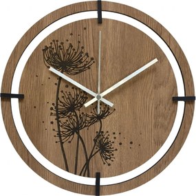 Drevené hodiny s gravírovanými púpavami | LEIKA: HDF - Zlatý Dub 30 cm 4807-115504 HDF0704-ruky-silver