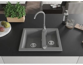 Mexen Carlos, granitový drez 582x475x177 mm, 1,5-komorový a šedá drezová batéria Telma, šedá, 6518-71-670200-71