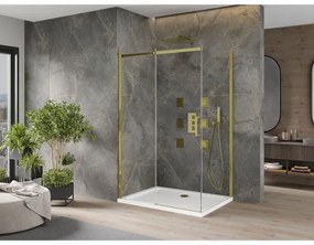 Mexen Omega, sprchovací kút s posuvnými dverami 120 (dvere) x 70 (stena) cm, 8mm číre sklo, zlatý profil + slim sprchová vanička 5cm, 825-120-070-50-00-4010