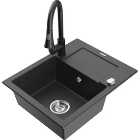 Mexen Enzo, 1-komorový granitový drez 576x465x174 mm a drezová batéria Elia, čierna škvrnitá, 6506-76-670101-70