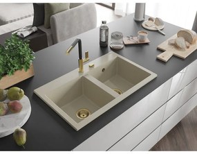 Mexen Hektor, 2-komorový granitový drez 800x480x205 mm, béžová, zlatý sifón, 6521802000-69-G