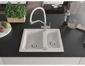 Mexen Carlos, 1,5-komorový granitový drez 582x475x177 mm a drezová batéria Duo, biela, 6518-20-671701-02