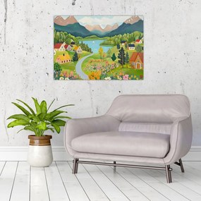 Sklenený obraz - Dedina v horách (70x50 cm)