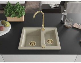 Mexen Carlos, granitový drez 582x475x177 mm, 1,5-komorový a zlatá drezová batéria Telma, béžová, 6518-69-670200-50