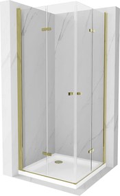 Mexen Lima Duo, sprchový kút 90 (dvere) x 90 (dvere) cm, 6mm číre sklo, zlatý profil + SLIM sprchová vanička 5cm so zlatým sifónom, 856-090-090-50-02-4010G